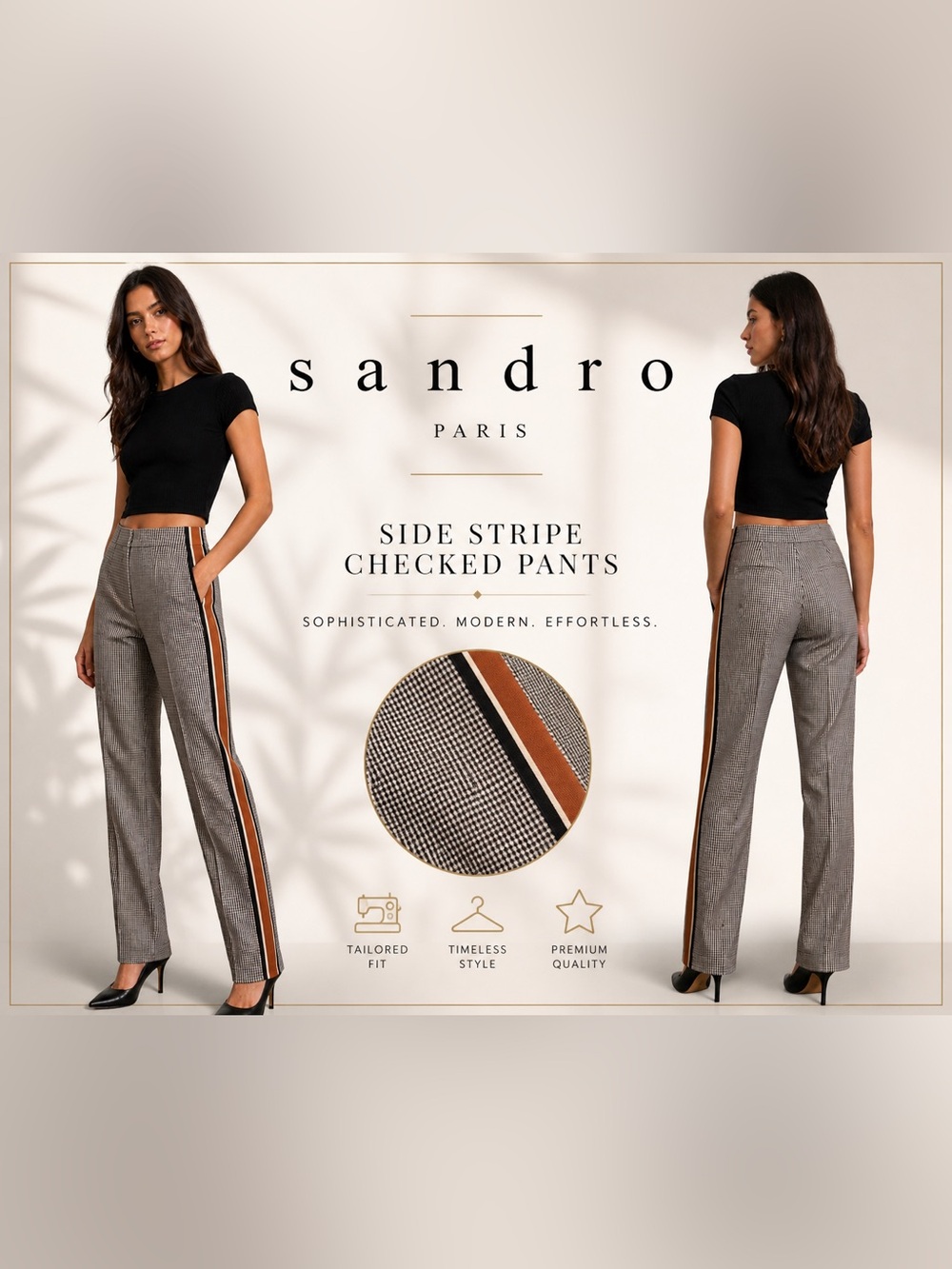 Sandro Paris Checkered Side Stripe Pants Size 38 Brown Black Tailored Trouser